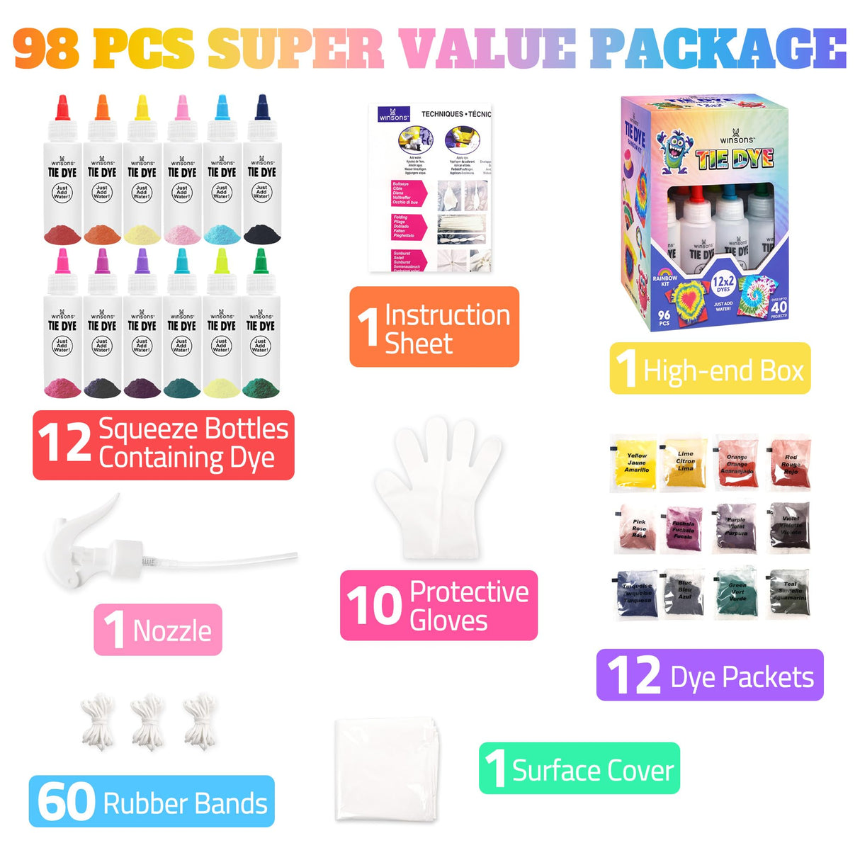 12 Colors Tie Dye Kit, Tie Dye Set for Kids, Pre-Filled Tye Dye Bottles, Non Toxic Permanent Fabric Dye Art Set, Easy DIY Fabric Art - Create Fun WINSONS