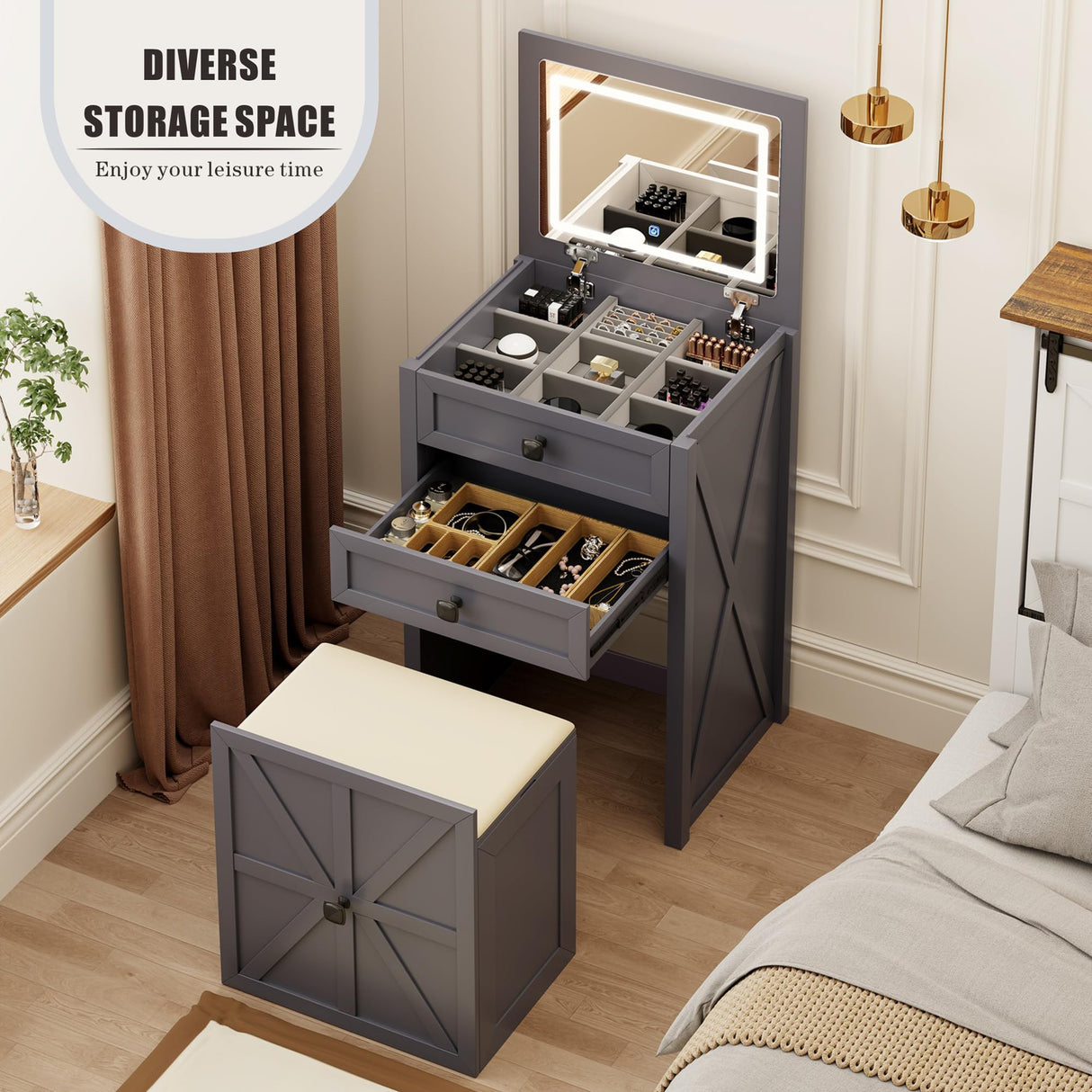 FREDEES Farmhouse 3 in 1 Vanity Desk with Mirror,Small Makeup Vanity Set with Soft Light, Space-Saving Makeup Vanity with Storage Compartment and Padded Stool,Dressing Table for Bedroom,Grey FREDEES