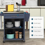 HOMCOM Kitchen Island on Wheels, Rolling Kitchen Cart with Stainless Steel Countertop, Drawer, Towel Rack and Spice Rack, Utility Storage Trolley, Deep Blue HOMCOM