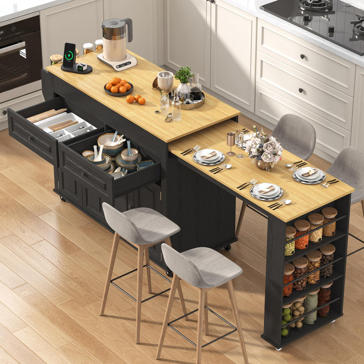80"-48" Extendable Kitchen Island with Extended Dining Table and Power Outlet,Large Mobile Kitchen Storage Islands with 2 Storage Drawers,Rolling Islands Cart with 3 Extra Rows Open Shelves(Black) chartustriable