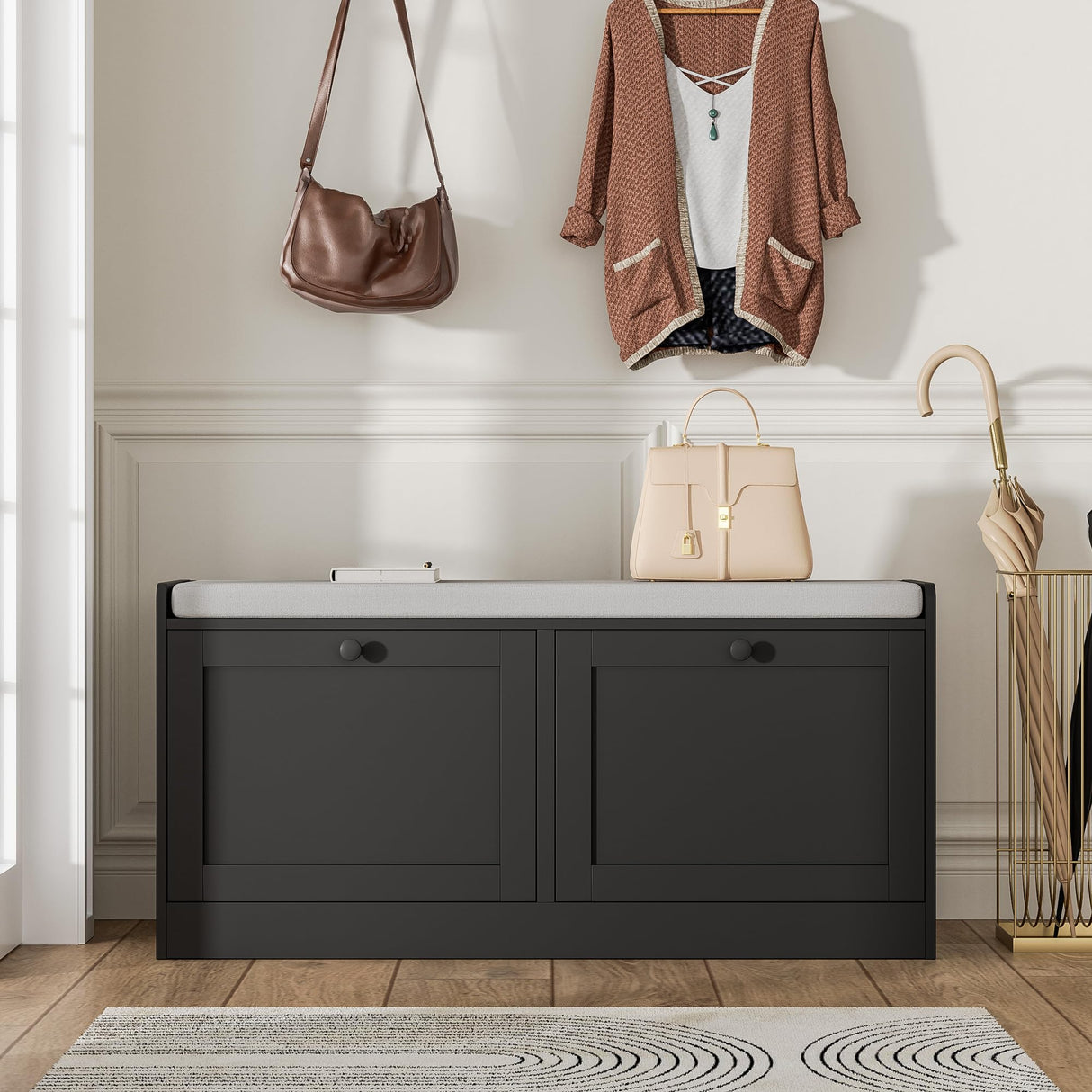 MHOM Black Modern Entryway Bench with 2 Flip Drawers, Shoe Rack with Padded Seat Cushion, Wooden Storage Bench for Bedroom and Apartment MHOM