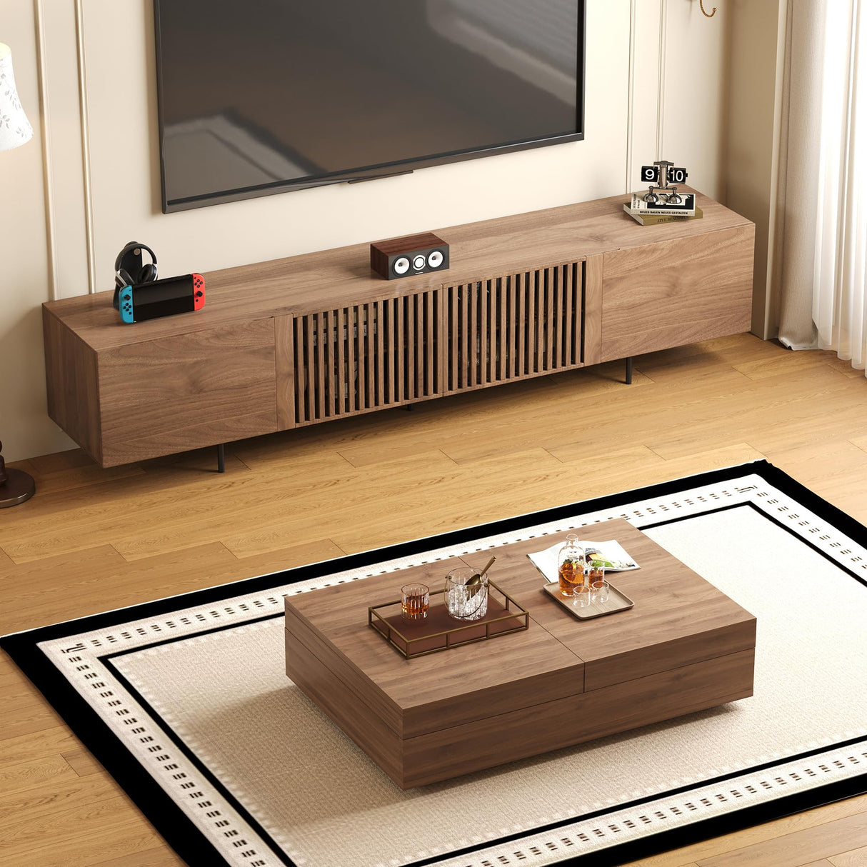 NessCarsti Mid-Century Modern TV Stand & Expandable Coffee Table Set, Walnut Finish, Stylish Storage Combo for Living Room or Bedroom (94.48“TV Stand+Coffee Table) NessCarsti