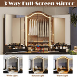 Casvik Corner Vanity Desk with 3 Way Mirror and Lights, 54" Modern Fluted Makeup Vanity with 2 Drawers & 2 Storage Cabinet, Charging Station, Stool, Large Bedroom Dressing Table for Women (Gold+Black) Casvik