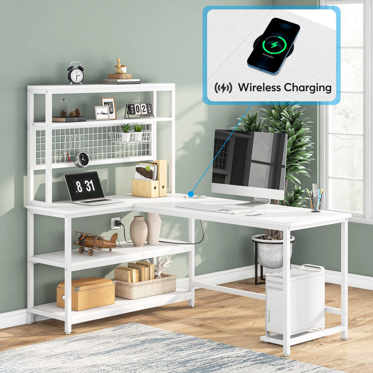 Tribesigns 55" All White L-Shaped Computer Desk with Wireless Charging and 5 Storage Shelves Tribesigns