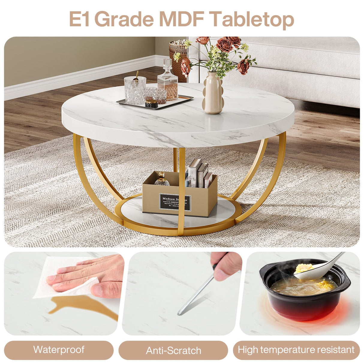 Tribesigns Modern Round Coffee Table, 2 Tier Coffee Table with Faux White Marble and Golden Metal Legs, Circle Center Table Tea Table Accent Furniture for Living Room, White and Gold Tribesigns