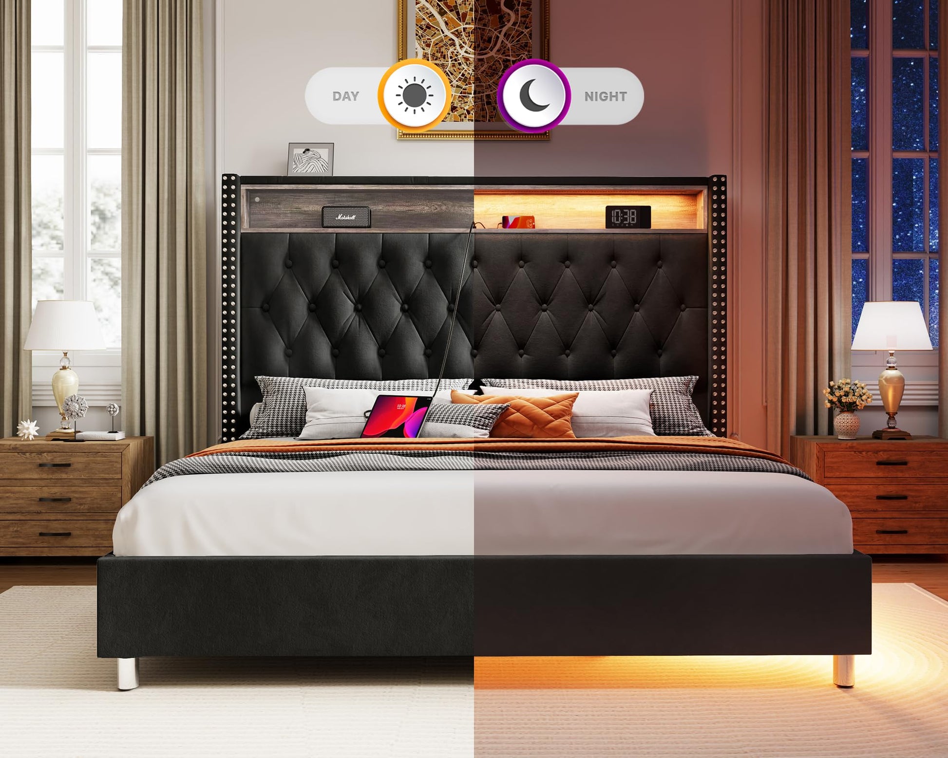 Jocisland Black Velvet King Bed Frame with LED Under Lights and Tall Wingback Headboard - WoodArtSupply