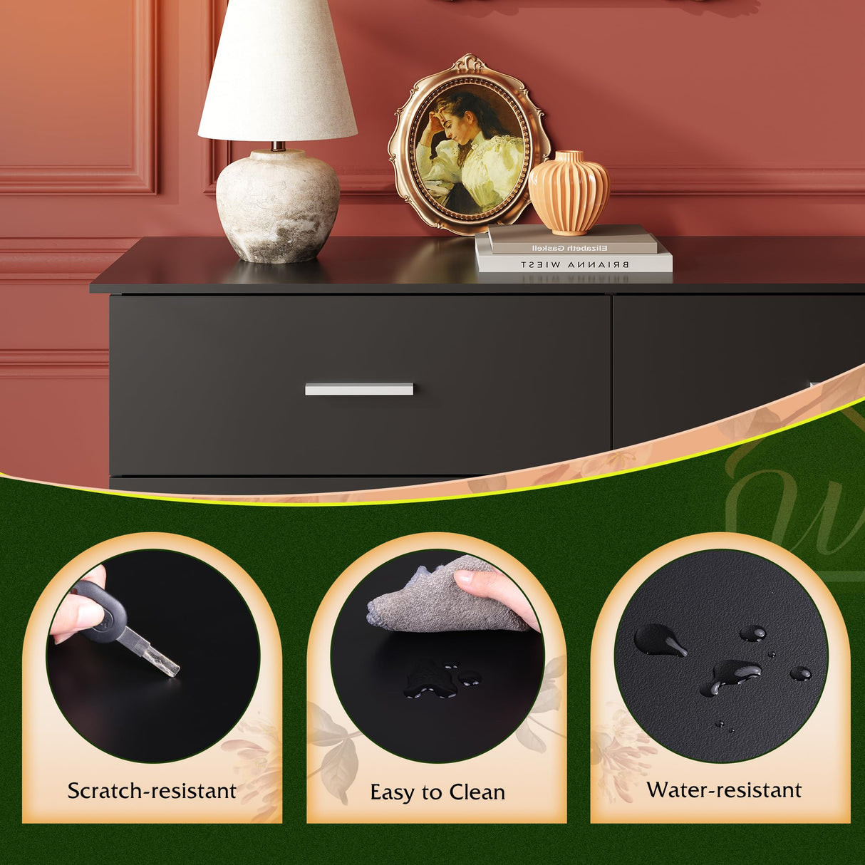 WLIVE Wood Dresser for Bedroom, Wide Chest of Drawers with 6 Drawer, Oak Furniture Large Storage Tower Unit, Closet Store Organizer for Living Room, Hallway, Long Nightstand, Modern Minimalist Black WLIVE