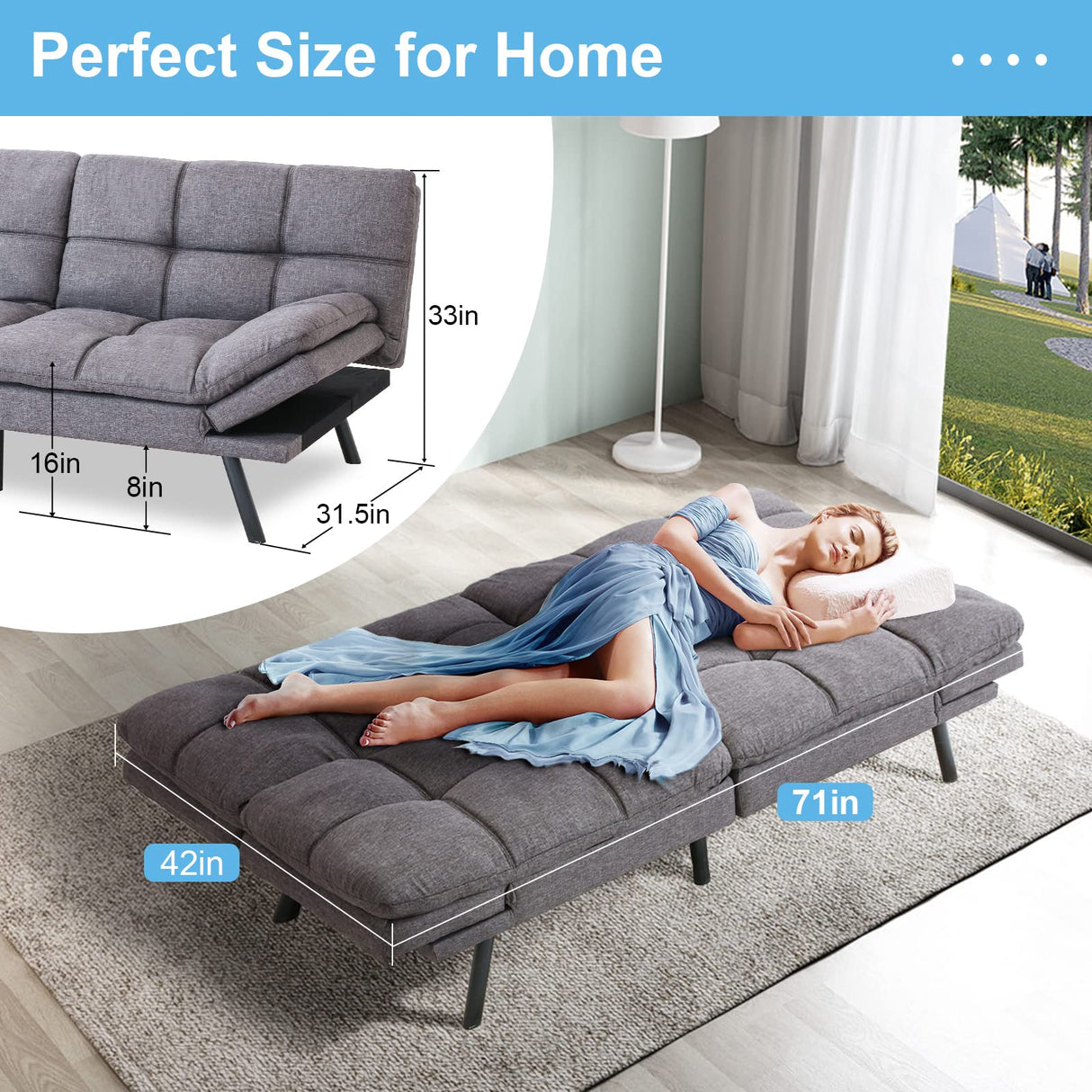 Opoiar Futon Sofa Bed,Modern Convertible Sleeper Sofa,Memory Foam Futon Sofa,71"x 33"x32"Compact Sofa,Loveseat Futon Bed,Breathable Linen Adjustable Sleeper Lounge Couch with Metal Legs,Dark Grey Opoiar