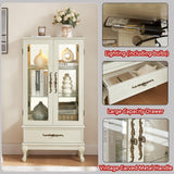 TRJQBCC 51"H Lighted Curio Display Cabinet with 2 Doors & 1 Drawer, Wooden Glass Curio Showcase w/ Adjustable Shelves & Mirrored Back Panel, Storage Cabinet Display Case for Living Room(Antique White) TRJQBCC