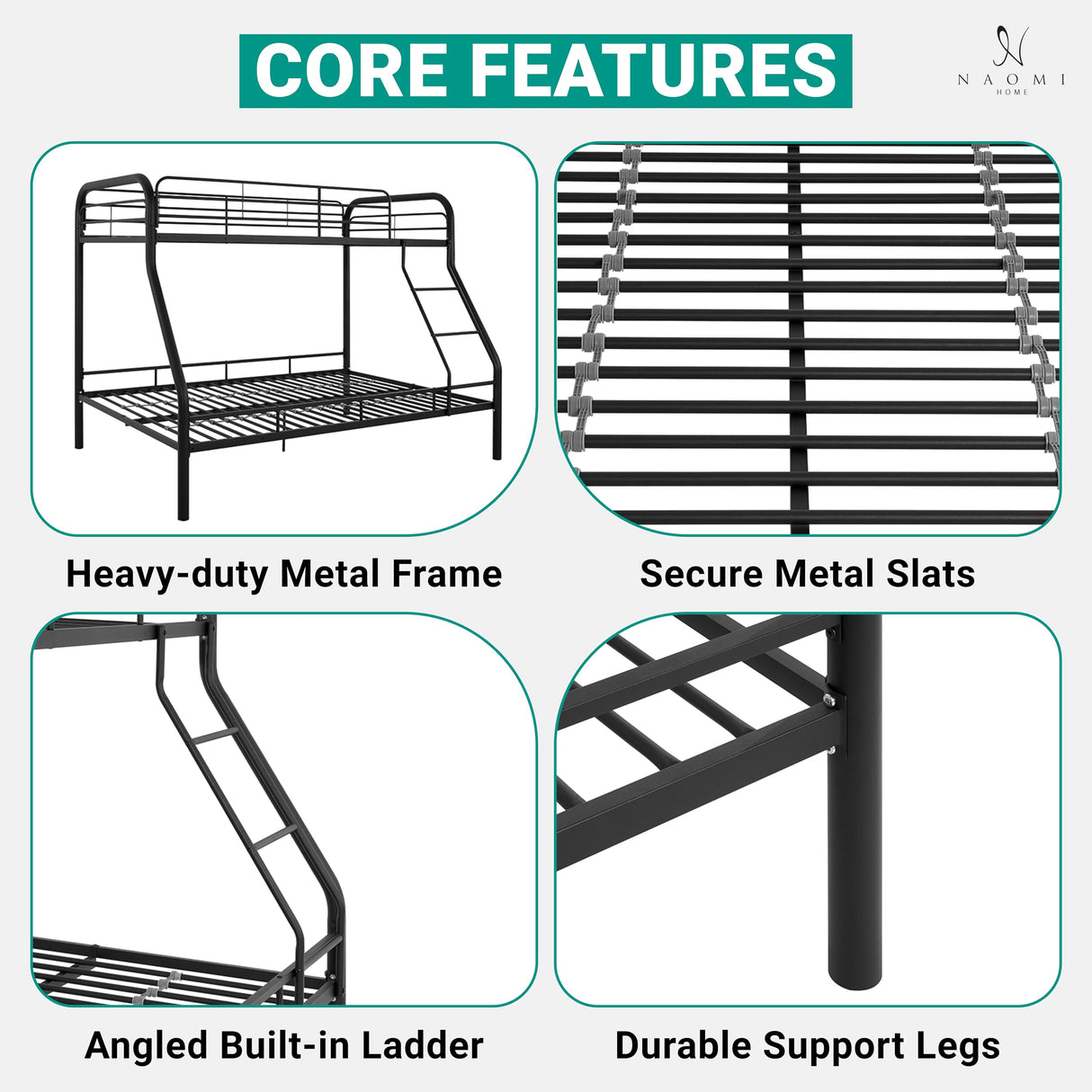 Hollywood Bunk Beds Twin Over Full Size, Heavy Duty Metal Bunk Bed with Safety Guardrails, Angled Ladder, Underbed Storage, 800LBs capacity - for Kids and Teens, Twin over Full Bunk Bed, Black Naomi Home