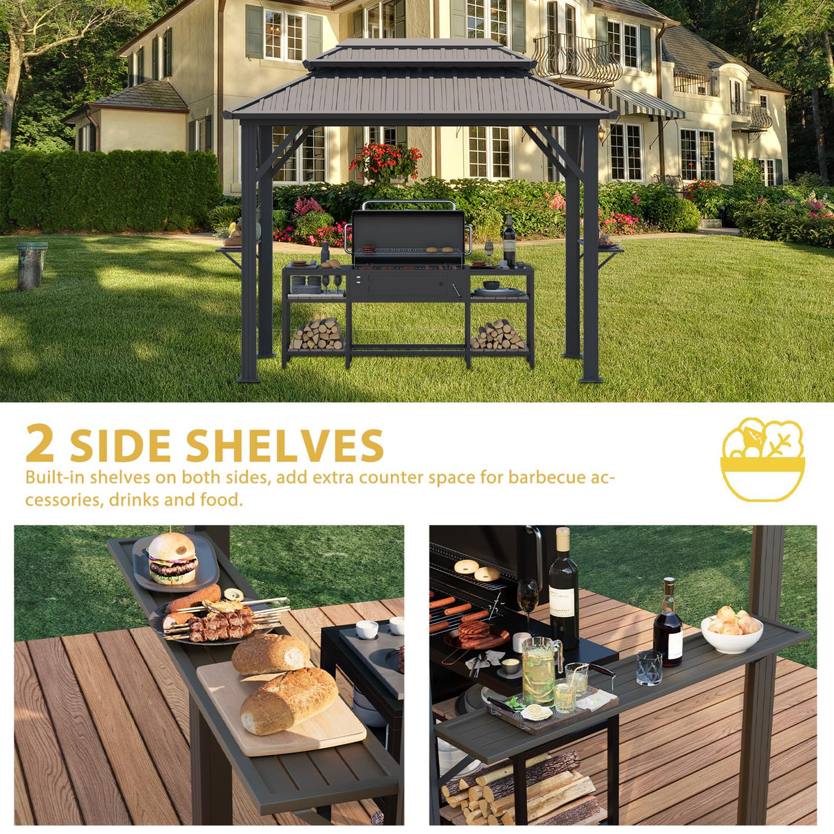 EROMMY 6' x 10' Hardtop Grill Gazebo, Outdoor Metal BBQ Gazebo with Double Galvanized Steel Roof, Permanent Grill Canopy with Side Shelves and Ceiling Hooks for Patio Deck Lawn Backyard Garden (Brown) EROMMY