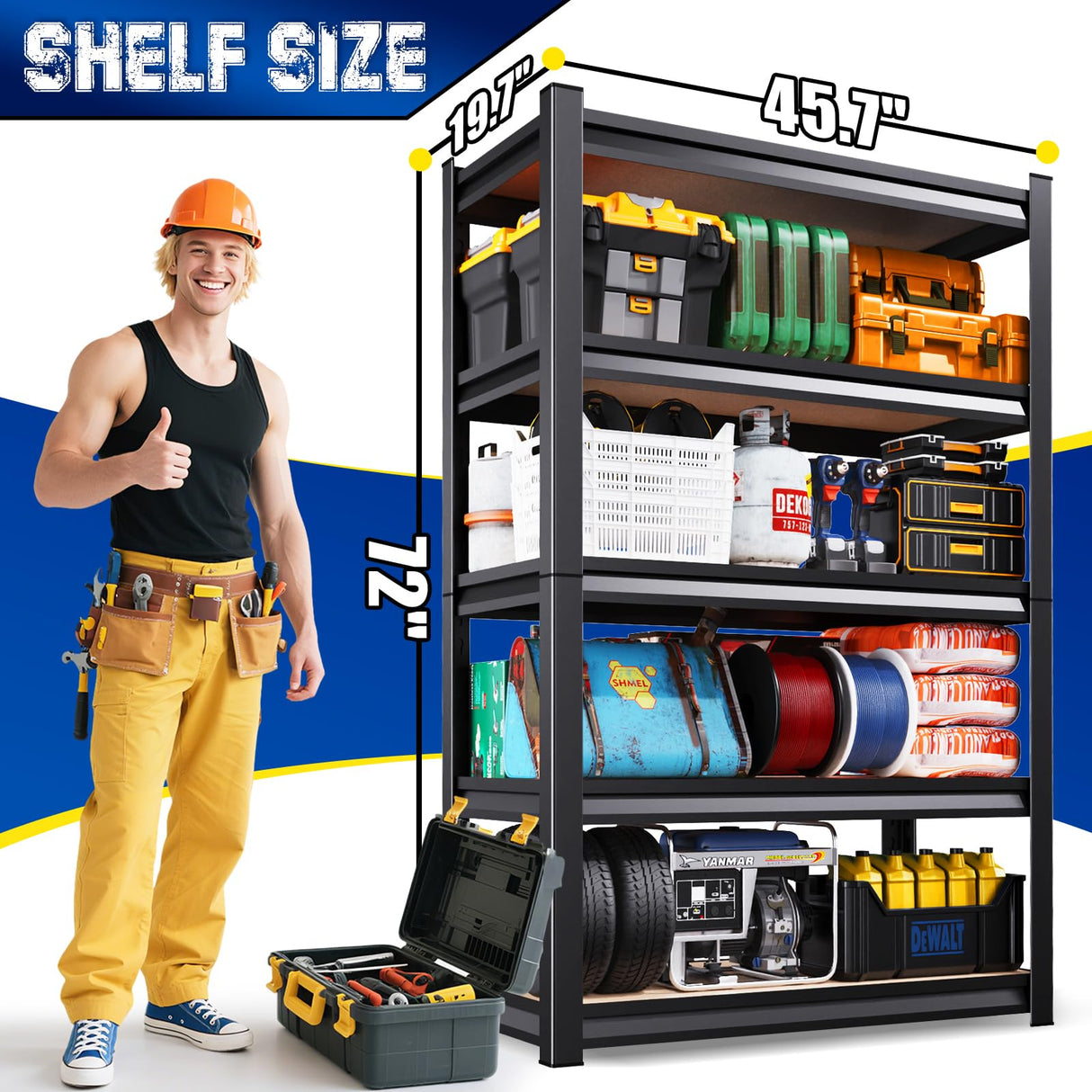 46"W Wood Garage Shelving Heavy Duty Garage Storage Shelves,2500LBs Metal Shelving Unit 5T Adjustable Industrial Utility Shelf Black Organization Rack for Warehouse Storage,72"Hx 45.7"W x19.7"D RPGHJJ