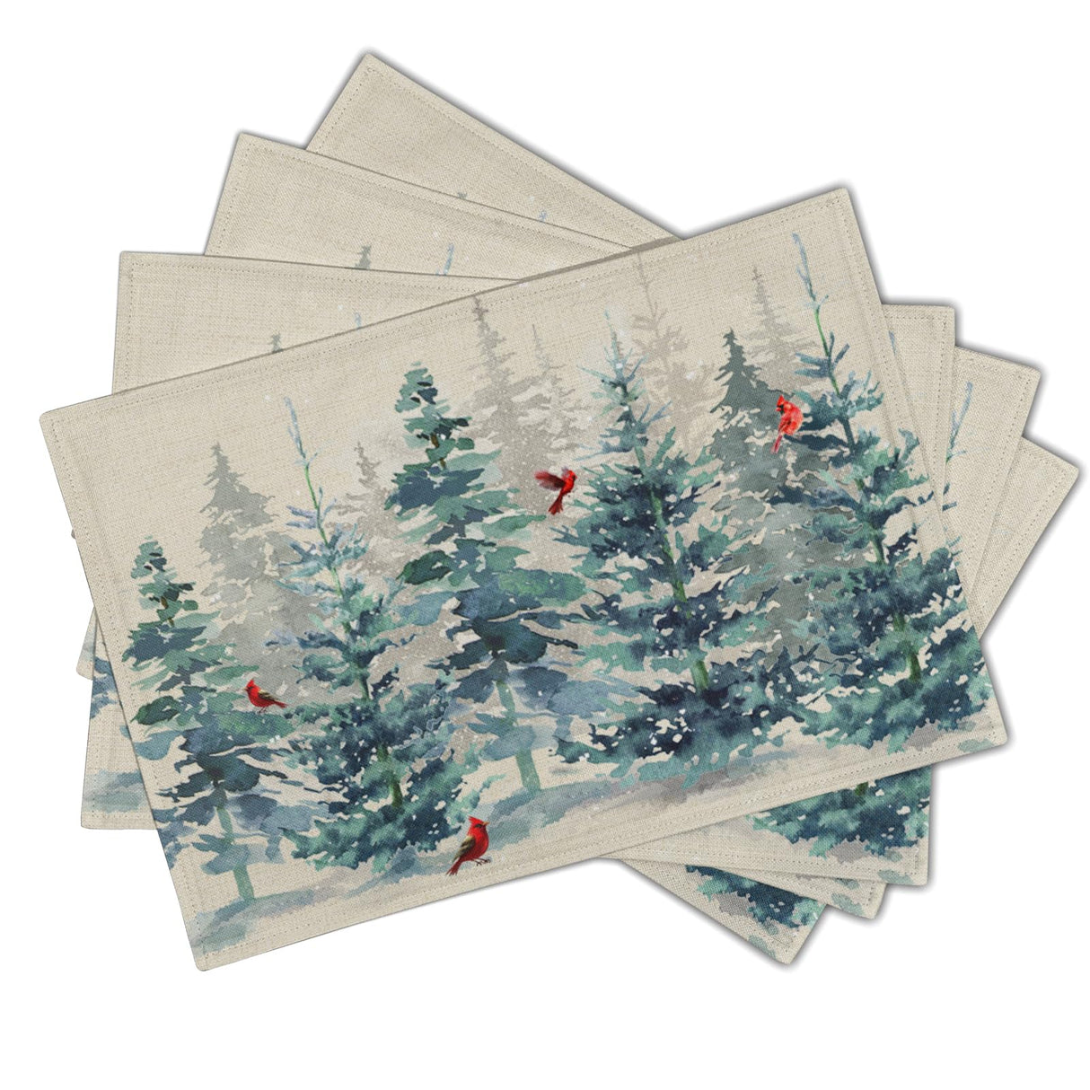 Winter Forest Tree Placemats Set of 4，Pine Tree Christmas Red Bird Heat Resistant Non Slip Place Mats Cotton Linen Tablemats for Dining Table Kitchen Decor 18 x 12 Inch Imiss