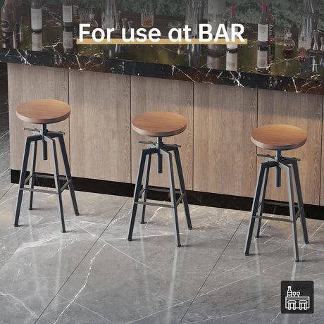 VILAVITA Vintage Adjustable Bar Stools Set of 2, Height Ranges from 24.8 to 30.8 inch, Natural Wood Seat and Heavy Metal Frame Rustic Industrial Swivel Bar Stools VILAVITA