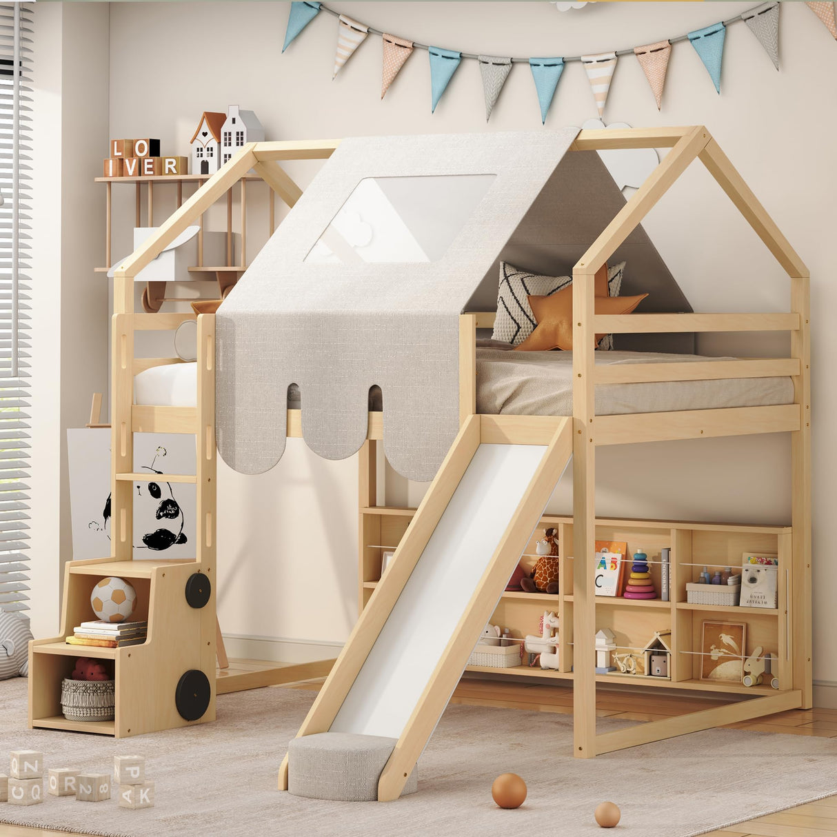 Merax Full Size Junior Wood Loft Bed with Slide and Storage Shelves, House Loft Bed with Staircase for Girls Boys,Easy Assemble, Natural Merax