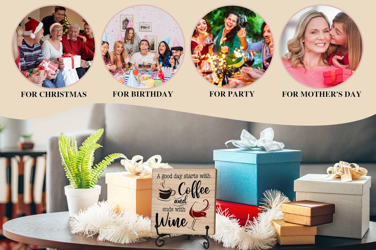 Coffee And Wine Desk Decor Sign, Rustic Wooden Sign With Stand, A Good Day Starts With Coffee And Ends With Wine Sign For Farmhouse Home Kitchen Bar Shelf Table, Gifts For Family Friend Coworker, C18 Zmyollo