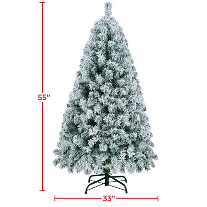 Yaheetech 4.5ft Pre-lit Artificial Christmas Tree with Incandescent Warm White Lights, Snow Flocked Full Prelighted Xmas Tree W/340 Branch Tips, 150 Incandescent Lights & Foldable Stand, Green & White