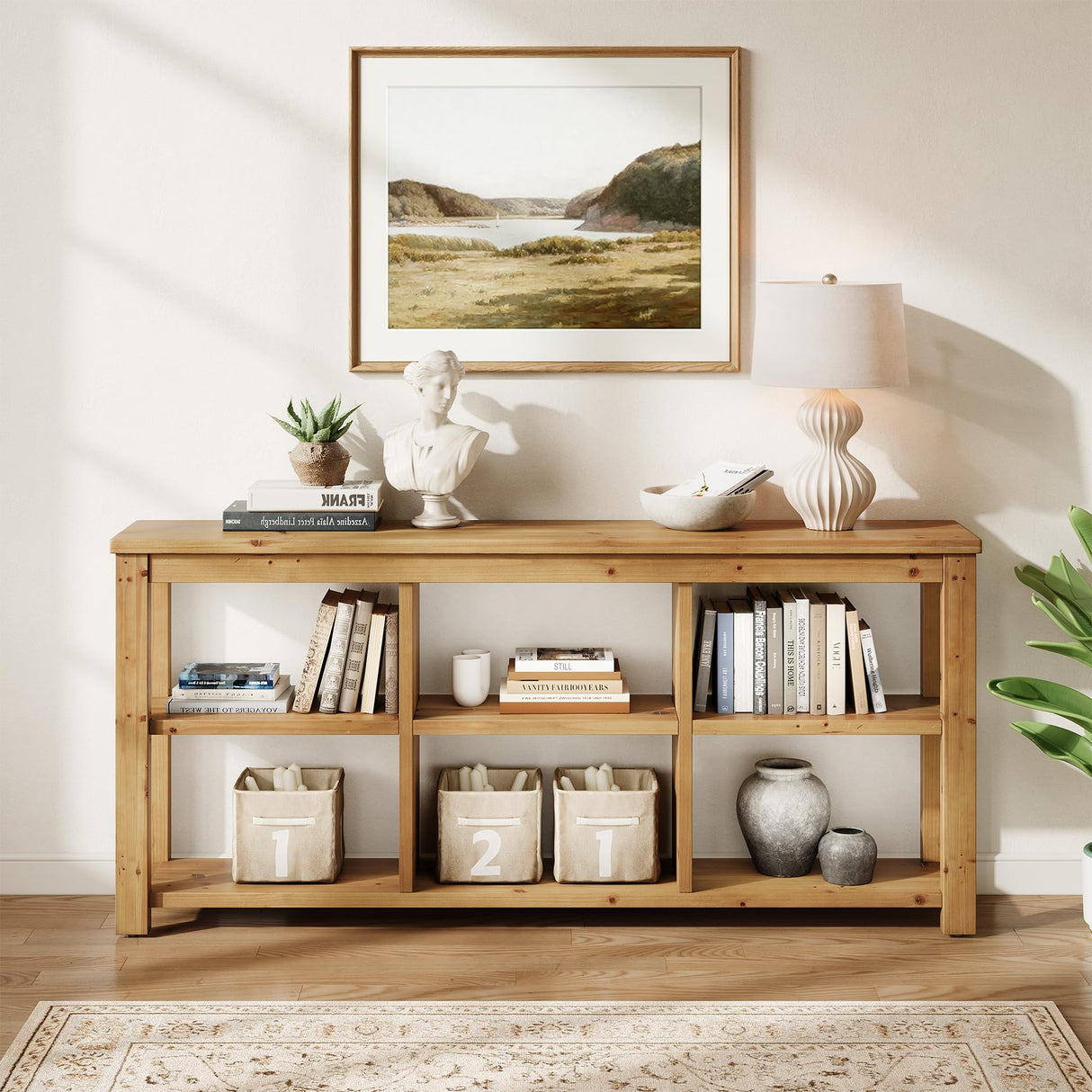 TRIBEWOOD Solid Wood Horizontal Bookcase with Adjustable Shelves, 6 Cubes Storage Organizer Long Bookshelf, Farmhouse Low Cubby Bookcase for Living Room, Home Office, 63 Inches TRIBEWOOD