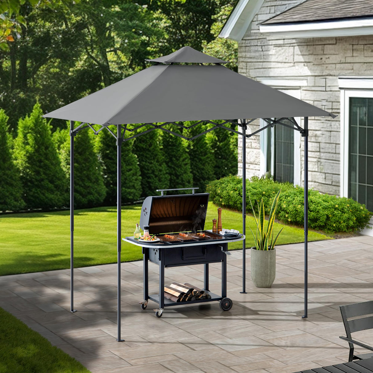 SUNJOY 5 x 8 ft. Grill Gazebo Pop Up Double Tiered Outdoor Gazebo Standing-Height Canopy with Magnetic LED Light, Adjustable Ceiling Height, for BBQ,Picnics, Outdoor Events, Gray Sunjoy