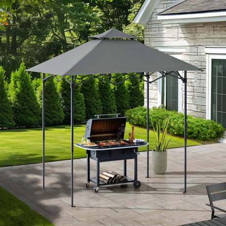 SUNJOY 5 x 8 ft. Grill Gazebo Pop Up Double Tiered Outdoor Gazebo Standing-Height Canopy with Magnetic LED Light, Adjustable Ceiling Height, for BBQ,Picnics, Outdoor Events, Gray Sunjoy