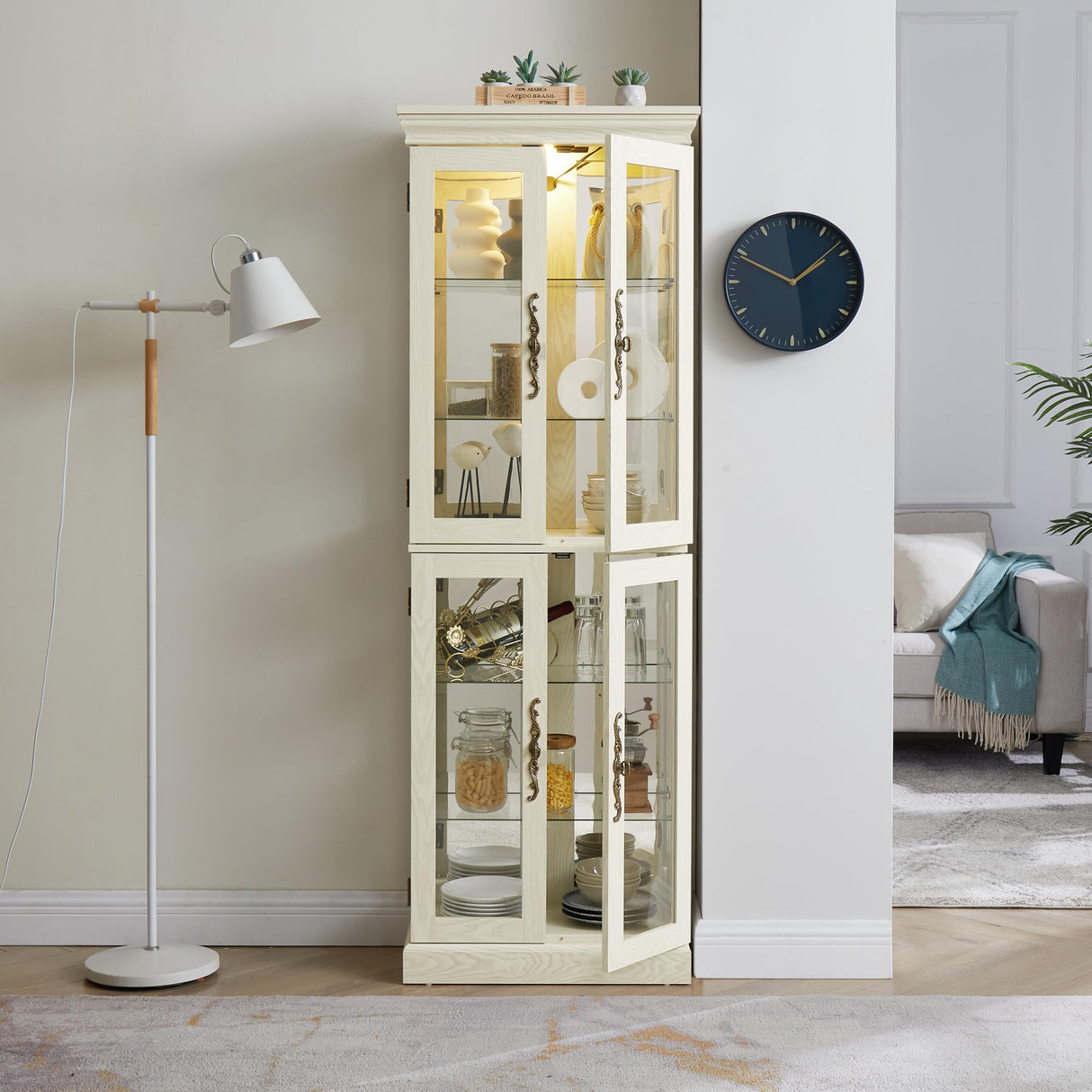 Lighted Glass Curio Cabinet with Lights & Adjustable Shelves,Curio Display Cabinet with Wood Frame,Corner Cabinet for Kitchen,Living Room,Office(Free Standing,Light Bulb Include) YiaFurio