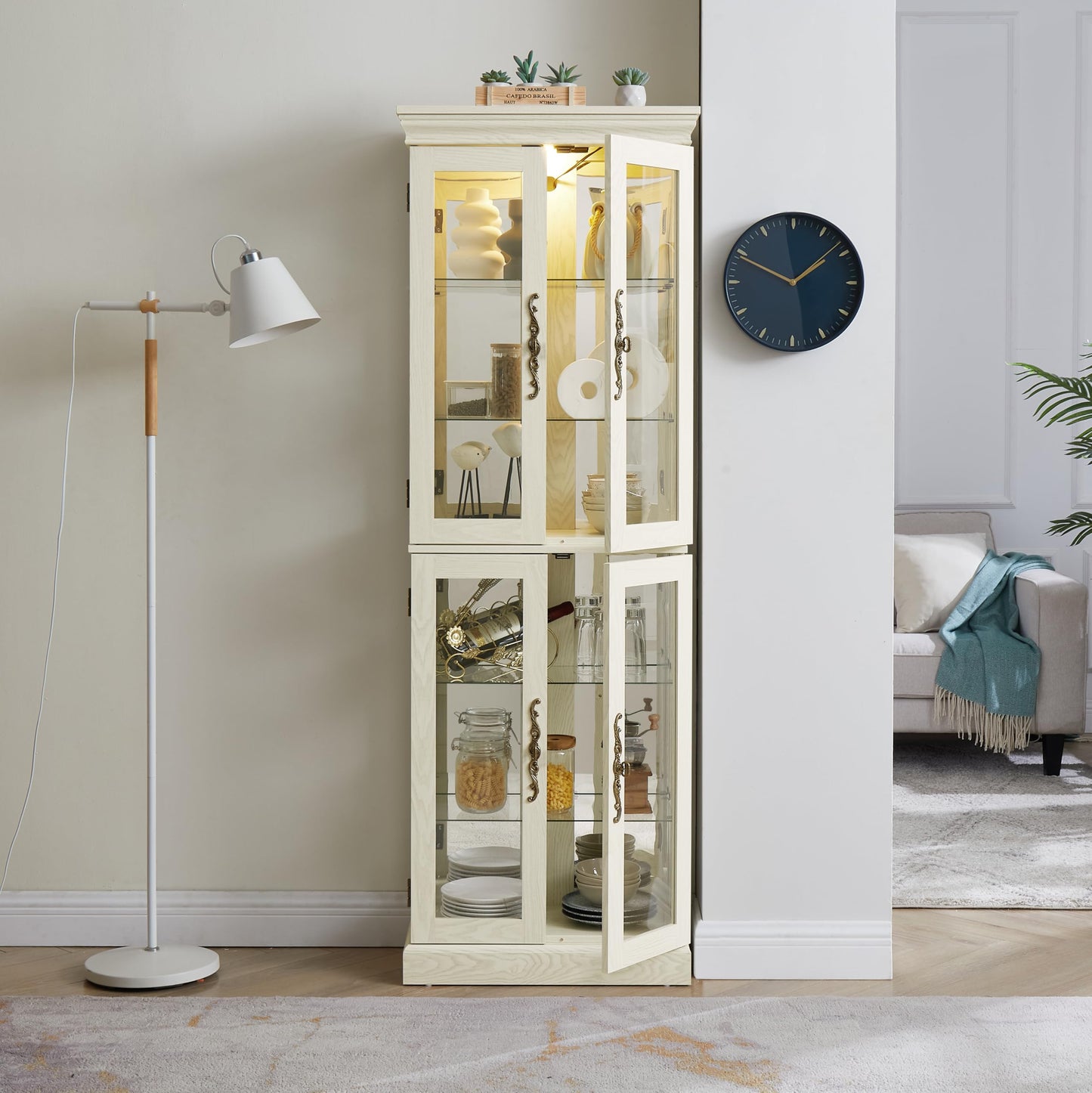 Lighted Glass Curio Cabinet with Lights & Adjustable Shelves,Curio Display Cabinet with Wood Frame,Corner Cabinet for Kitchen,Living Room,Office(Free Standing,Light Bulb Include)