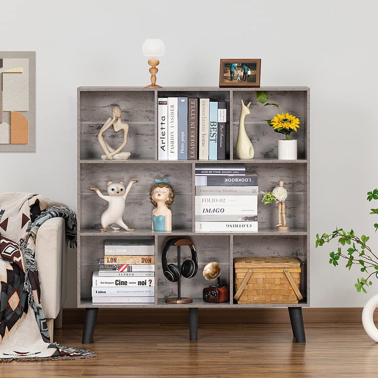 LEYAOYAO 8 Cube Bookshelf,3 Tier Bookcase with Legs,Modern Grey Mid-Century Bookshelves,Large Farmhouse Open Storage Organizer Shelf, Retro Wooden Display Book Case for Bedroom,Living Room,Office LEYAOYAO