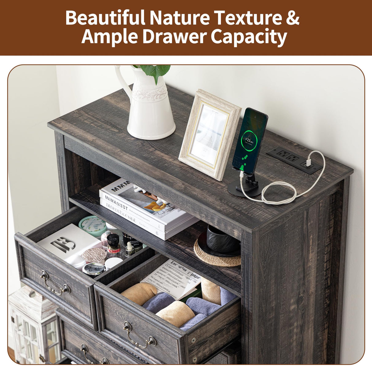 Homkdom Dresser for Bedroom with Charging Station & LED Light, 48'' H Tall Dresser & Chests of Drawers,Rustic Oak Homkdom