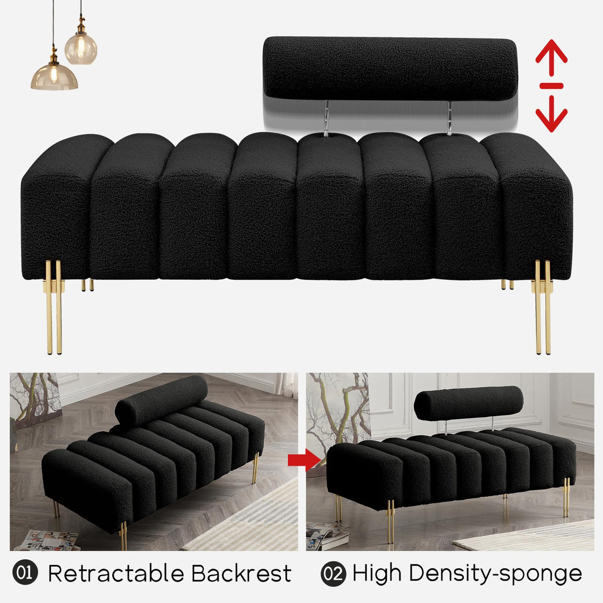 NIOIIKIT 53.2" Modern Loveseat Sofa Couch, Upholstered Accent Sofa with Golden Legs and Adjustable Backrest, Small Teddy Fleece Couches for Bedroom, Living Room, Compact Small Space (Black) NIOIIKIT