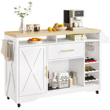 DWVO 53 Inch Kitchen Island with Power Outlet & Wine Storage, Farmhouse Island Cabinet Portable Rolling Islands Cart on Wheels with Thick Table Top Drawer Glass Holder Spice Rack, White Oak DWVO