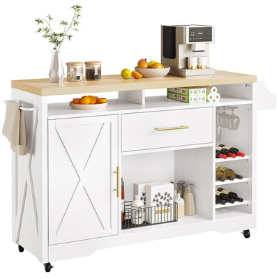 DWVO 53 Inch Kitchen Island with Power Outlet & Wine Storage, Farmhouse Island Cabinet Portable Rolling Islands Cart on Wheels with Thick Table Top Drawer Glass Holder Spice Rack, White Oak
