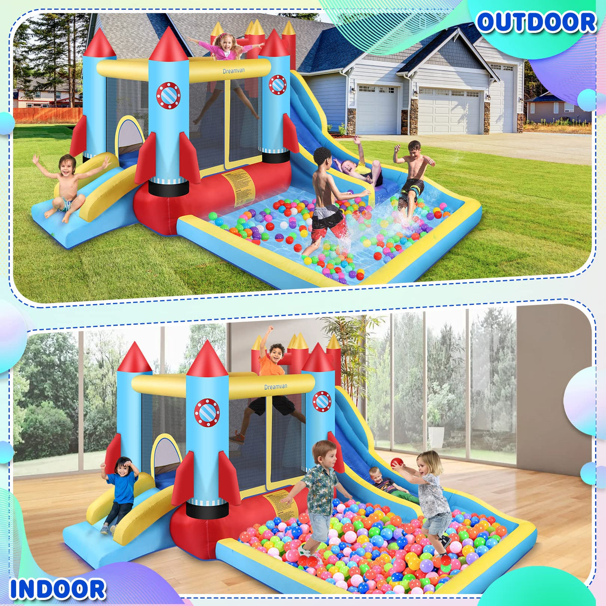 WONFUY Bounce House for Kids 13X11ft Outdoor Indoor Bouncy House with Blower Jumping Castle Water Slide Climbing Wall and Pool Splash, Backyard Fun Rocket Inflatable Slide Bouncer Ages 3-10 Years WONFUY
