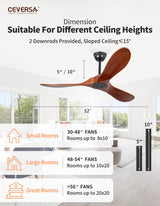 Ceversa 52 Inch Solid Wood Ceiling Fan No Light Remote Control,Outdoor Real Wood Ceiling Fan Without Light 3 Blades Walnut Exquisite Craftmade Quiet for Patio,Farmhouse,Living Room, Bedroom, Office Ceversa
