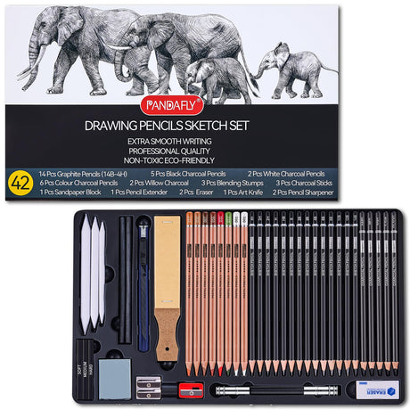 PANDAFLY Drawing Sketching Pencil Set, 42 Pack Pro Art Pencil Kit with Graphite Pencils (14B-4H), Charcoal Pencil, Ideal for Shading, Blending, Drawing Set for Beginners & Pro Artists PANDAFLY