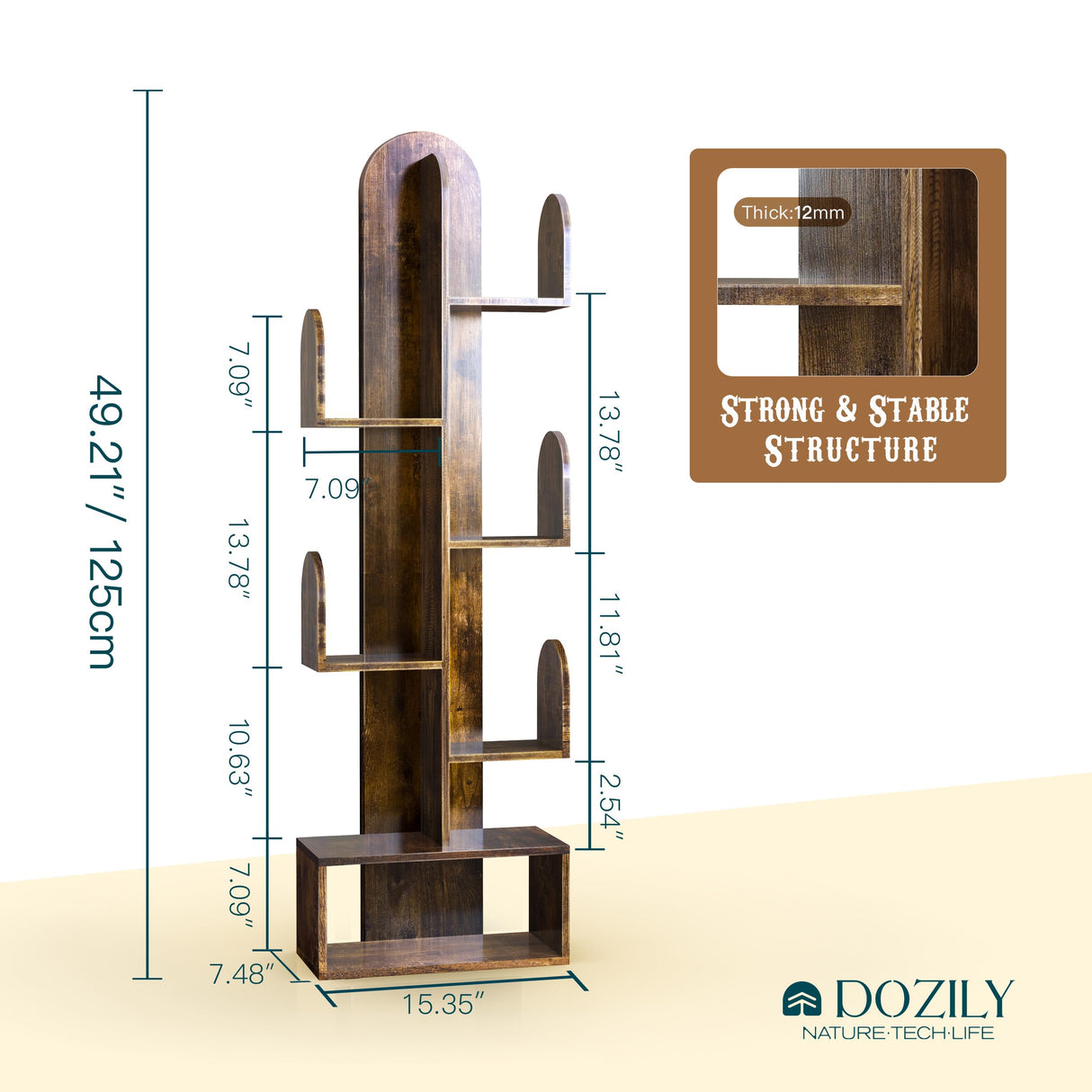 DOZILY Cactus Tree Bookshelf, 5-Tier Wood 50" Tall Corner Storage Rack for CDs/Movies/Books, Small Space-Saving Organizer Shelves for Living Room, Bedroom, Home Office (Rustic Brown) DOZILY