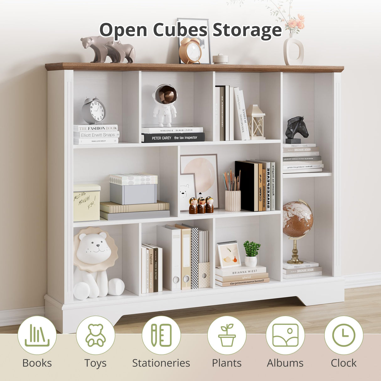 AesthLife 10 Cube Storage Bookcase, Modern 3-Tier Wooden Storage Organizer Open Bookshelf with Base for Living Room, Bedroom, Home Office AesthLife