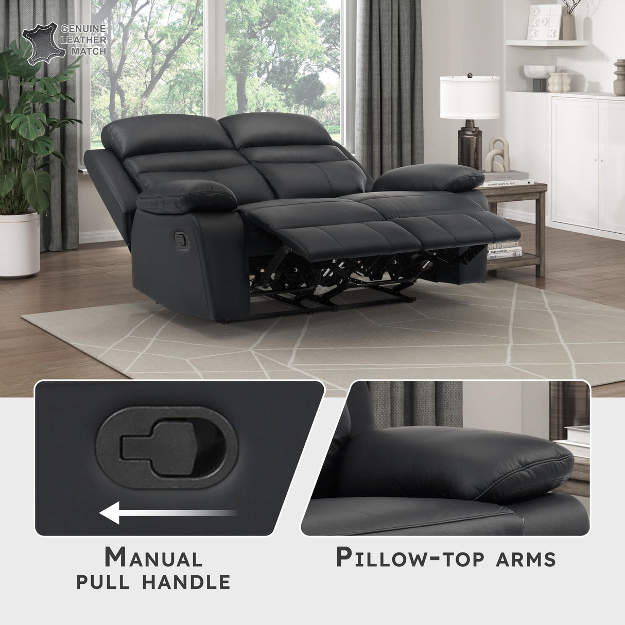 Lexicon 64" W Manual Reclining Loveseat, Top Grain Leather Match Reclining Love Seat, Home Theater Seating, Wall Hugger Recliner Couch, Manual Double Recliner RV Couch for Living Room, Black Lexicon