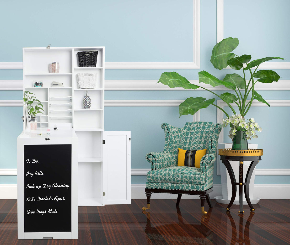 Utopia Alley Collapsible Fold Down Desk Table | Computer Desk with Large Storage Cabinet & Bottom Shelves, Stylish Furniture for Home Office, Crafting, and More (White) Utopia Alley