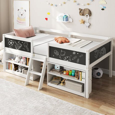 Giantex Low Loft Bed Twin Size, Wooden Loft Bed with Ladder & Blackboard, Twin Bed Frames for Kids with Storage 2 Bookcases and Under-Bed Play Space, Kids Twin Bed (White) Giantex