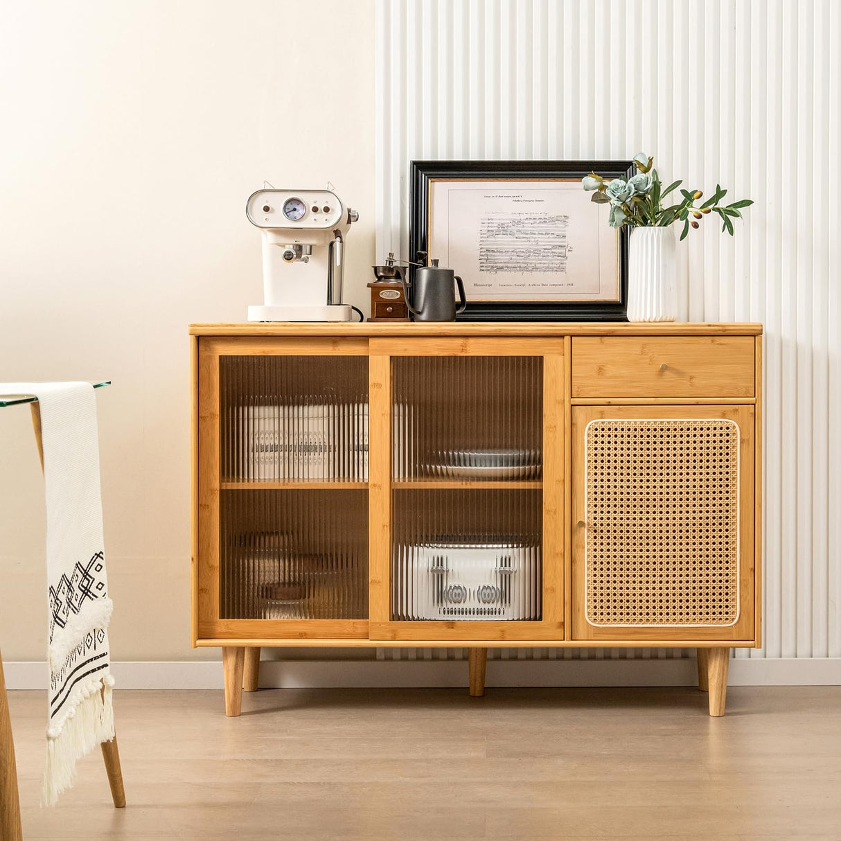 LOKO Buffet Cabinet, Modern Bamboo Sideboard with Tempered Glass Sliding Doors, Rattan Door Home Bar, Boho Coffee Bar Cabinet for Living Room Hallway LOKO