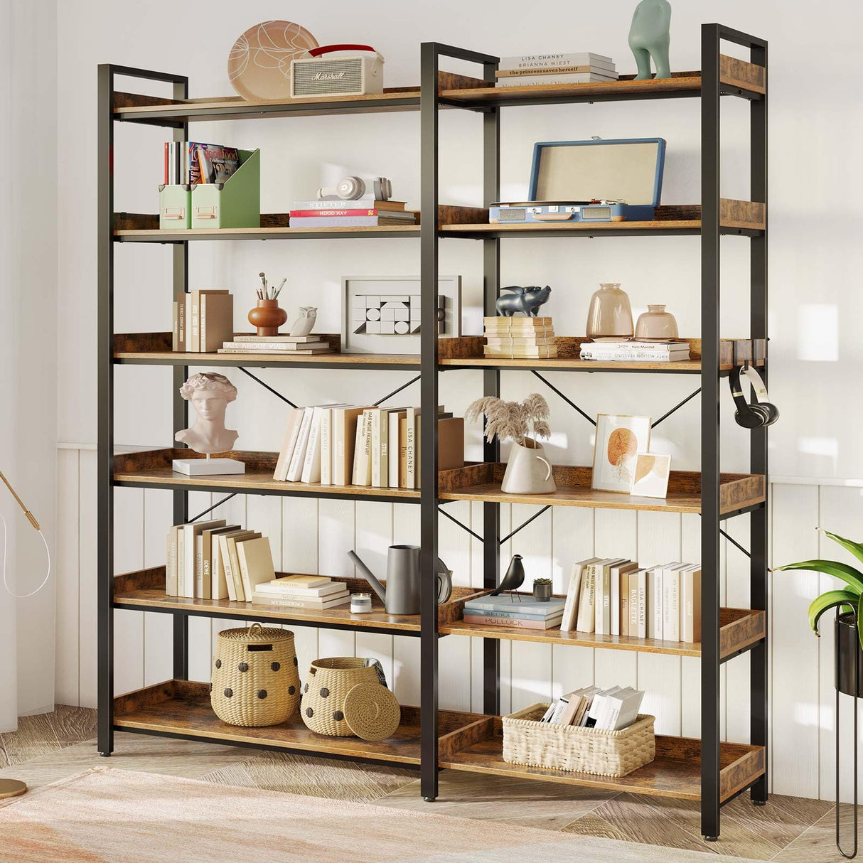 Rolanstar Bookshelf 6 Tier with 4 Hooks, Reversible Corner Bookshelf, 69" Industrial Wooden Bookcase with Open Shelves and Metal Frame for Living Room, Bedroom, Home Office, Rustic Brown Rolanstar