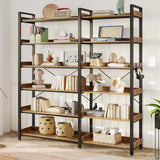 Rolanstar Bookshelf 6 Tier with 4 Hooks, Reversible Corner Bookshelf, 69" Industrial Wooden Bookcase with Open Shelves and Metal Frame for Living Room, Bedroom, Home Office, Rustic Brown Rolanstar