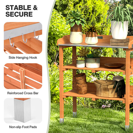 Giantex Garden Potting Bench, Outdoor Wood Workstation Table with Galvanized Steel Tabletop, 5 Hooks, 2-Tier Storage Shelves, Outside Work Station Potting Table with Raised Edge, Easy Assembly Giantex