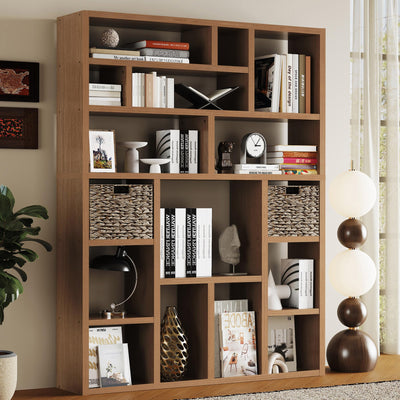 BOSHIRO 6-Tier Large Open Bookcase 71” Tall Sturdy Wooden Bookshelf with Baskets,Modern Style 16-Cube Home Display Shelf for Bedroom, Living Room（Oak Color）