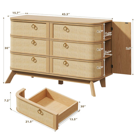HUAHUU 6 Drawer Rattan Dresser for Bedroom, 43'' Fluted Modern Wooden Dresser with Metal Handles&Wood Legs, Curved Profile Design, Boho Chest of Drawers for Bedroom, Living Room, Natural HUAHUU