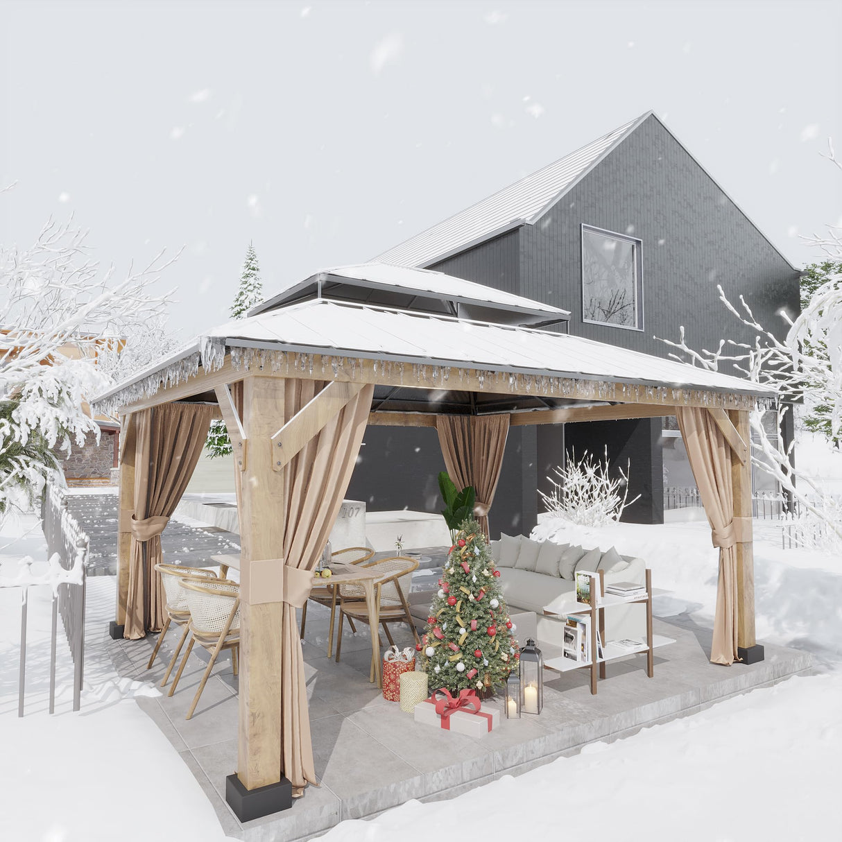 Meetleisure 13' x 15' Double Hardtop Gazebo - Outdoor Thermal Transfer Wood-Looking Aluminum Gazebo with Double Hardtop, Privacy Curtains and Mosquito Nettings Included, for Patio, Garden, Backyard MeetLeisure