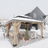 Meetleisure 13' x 15' Double Hardtop Gazebo - Outdoor Thermal Transfer Wood-Looking Aluminum Gazebo with Double Hardtop, Privacy Curtains and Mosquito Nettings Included, for Patio, Garden, Backyard MeetLeisure