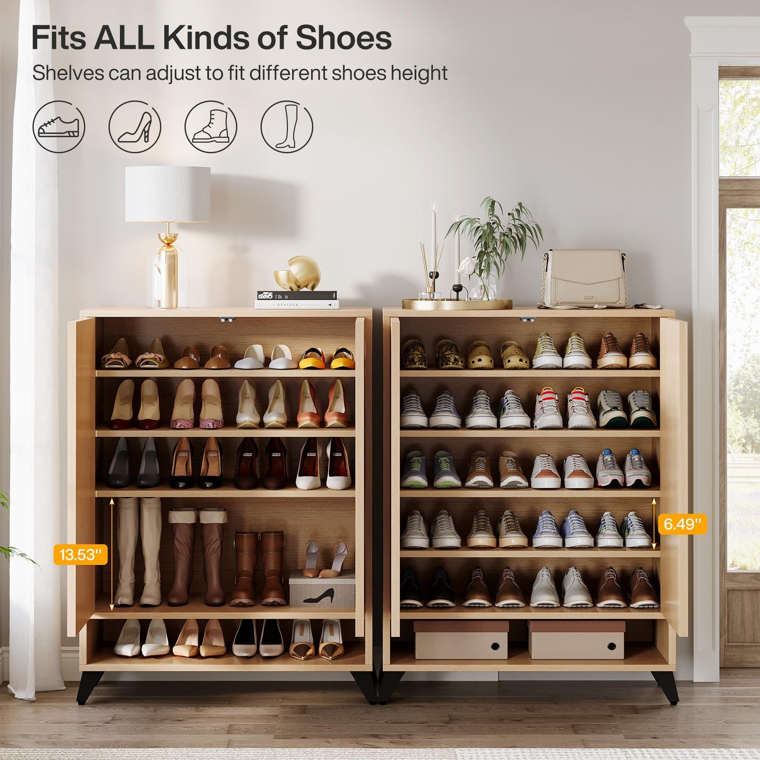 Tribesigns Shoe Cabinet with Doors, 6-Tier Entryway Shoe Storage Cabinet with Adjustable Shelves, Modern Wooden Shoe Organizer Cabinet for Living Room, Bedroom, Natural Tribesigns