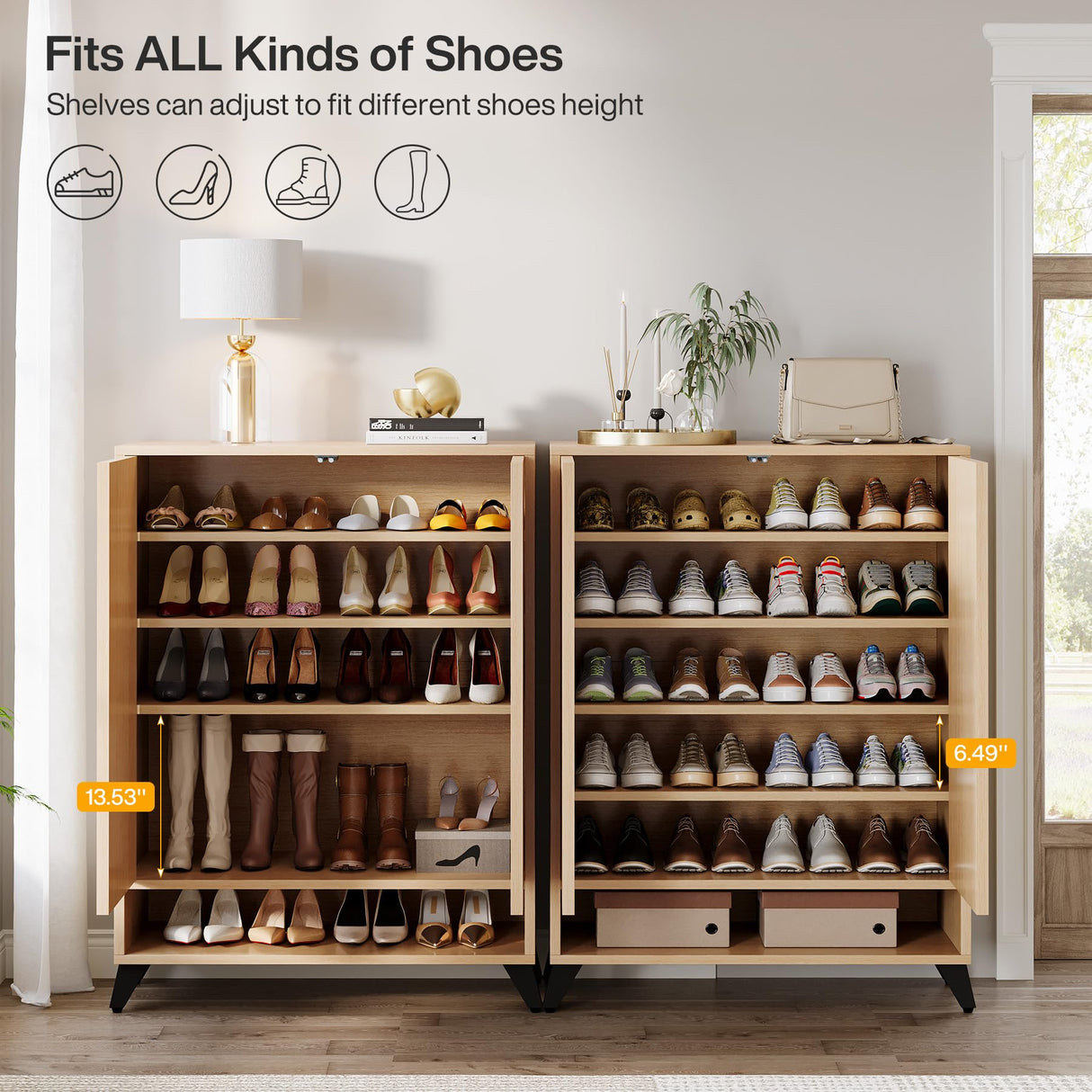 Tribesigns Shoe Cabinet with Doors, 6-Tier Entryway Shoe Storage Cabinet with Adjustable Shelves, Modern Wooden Shoe Organizer Cabinet for Living Room, Bedroom, Natural Tribesigns