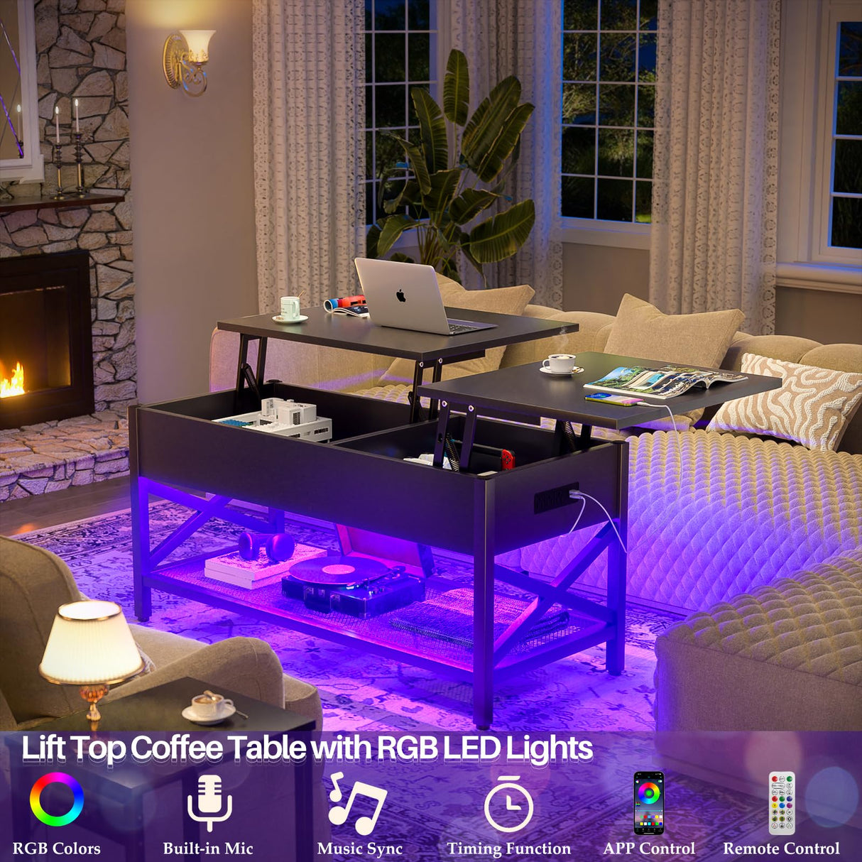 Aheaplus Black Lift-Top Coffee Table with LED Light, Power Outlets and Storage Shelf, 41.7"W x 19.69"L x 19.7"H Aheaplus